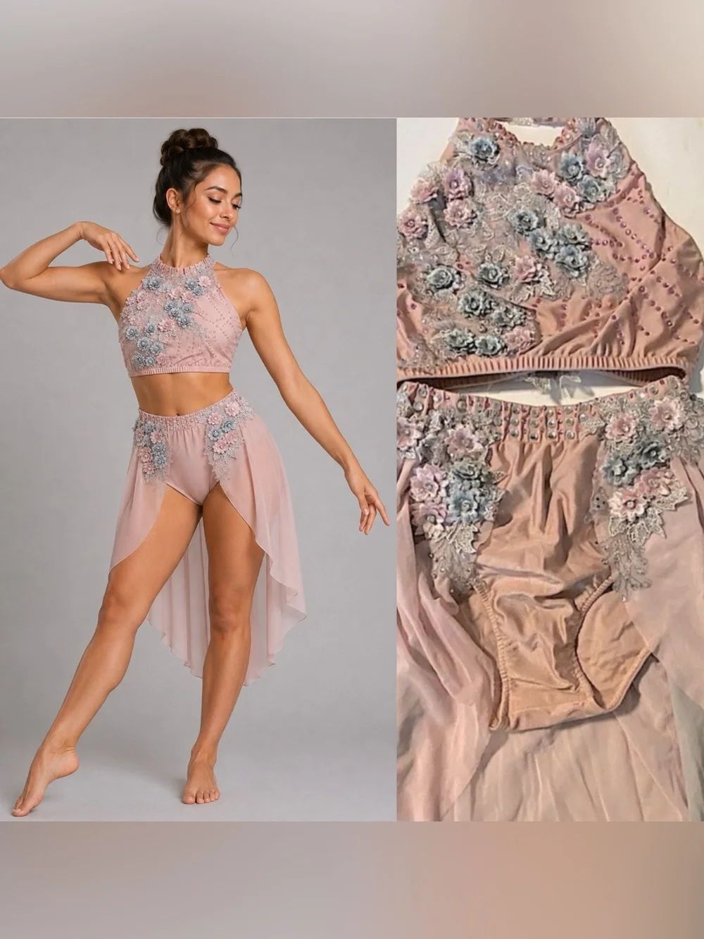 Glamour solo dance costume 2 piece blush pink lyrical bling lace MA-Medium adult